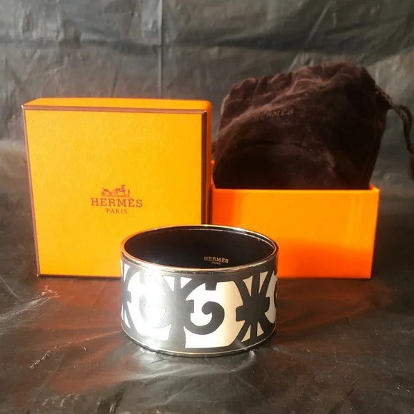 Hermes Wide cuff bangle bracelet white enamel & palladium, box and pouch PM - Picture 3 of 7